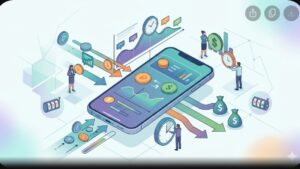 Современная иллюстрация смартфона с графиками и иконками монет для анализа платежей в казино